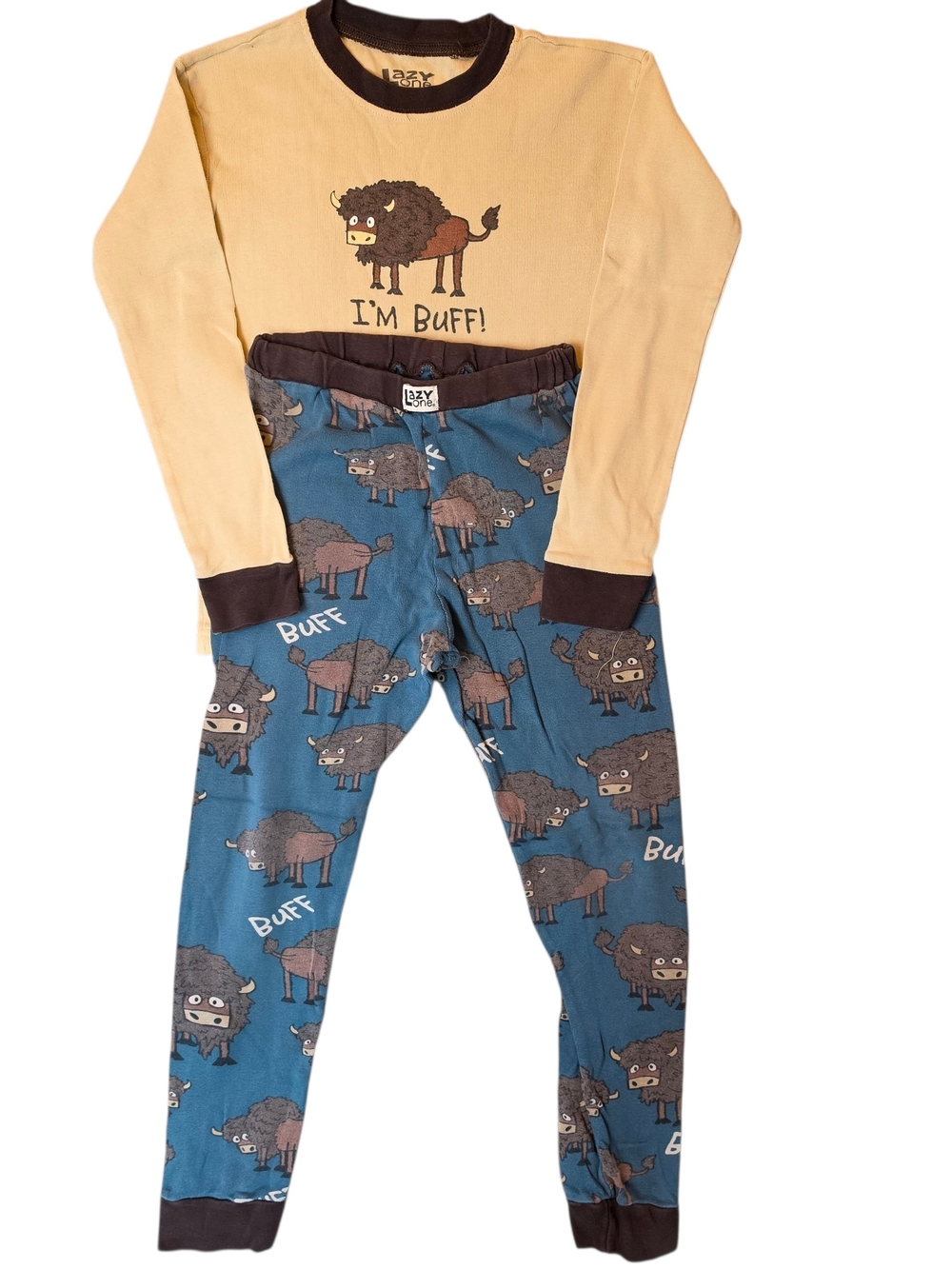 Lazy One "I'm Buff" Buffalo Kids Pajama Set 10 Tan Blue Sleepwear Animal Print